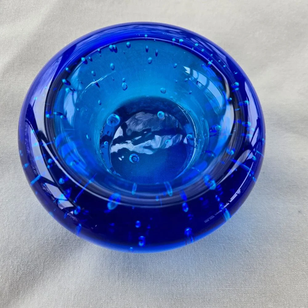 IKEA Hand Blown Blue Controlled Bubble Glass Votive Candle Holder